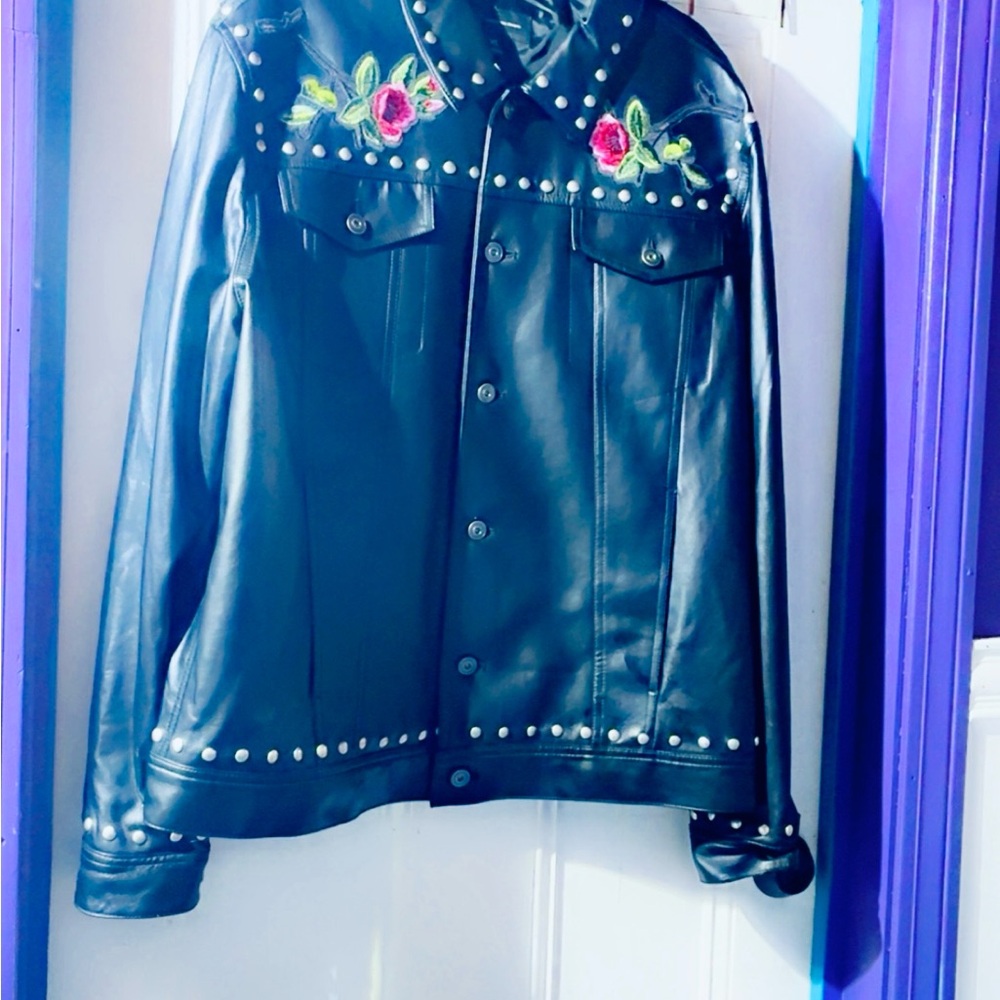 INC International Concepts Black Leather Jacket with Floral Embroidery